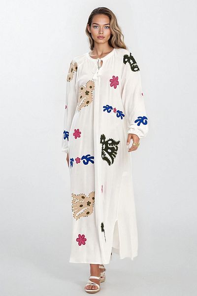 VAGGON Women's White Judge Collar Lace-Up Elasticated Sleeves Patterned Plus Size Dress Vs00317