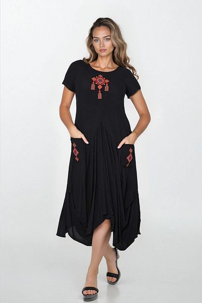 VAGGON Women's Black Double Pocket Embroidery Skirt Asymmetrical Cut Plus Size Dress Vs00311