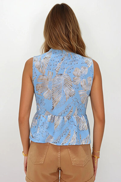 VAGGON Γυναικεία μπλε ποδηλατική φούστα με μοτίβο φιόγκου με υφαντή μπλούζα Valon Vs00192