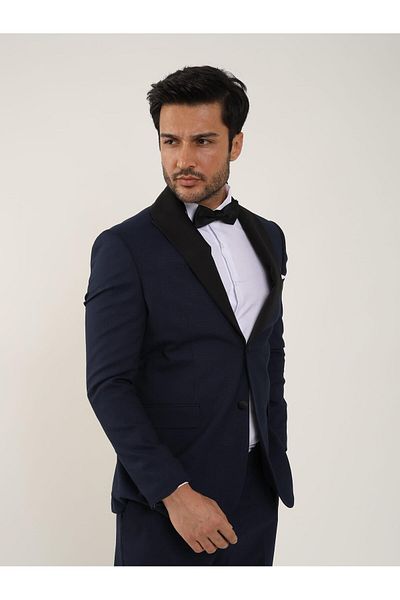 Dufy Men's Navy Blue Slim Fit Tuxedo - Plain Pointed Collar Suit 84192
