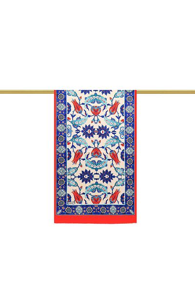Bursa İpek Red Saxe Ephesus Pattern Silk Scarf
