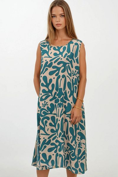 VAGGON Women's Sky Blue Patterned Double Pocket Sleeveless Relaxed Cut Dress Vs00269
