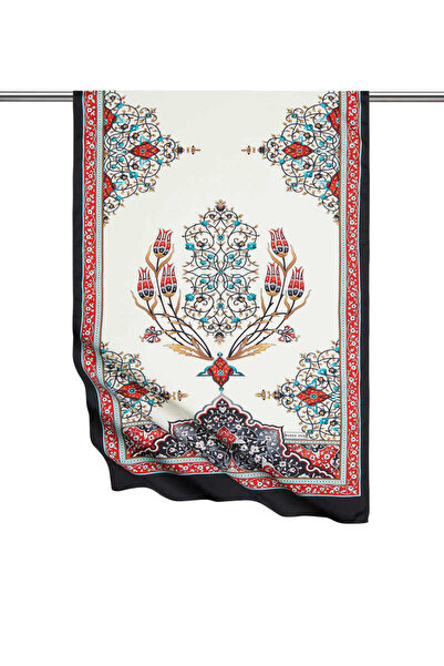 Bursa İpek Kırmızı Siyah Şamdan Desen Geniş İpeksi Fular