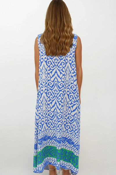 VAGGON Women's Blue Accessory Detailed Patterned Maxi Size Double Pocket Dress Dress Vs00267