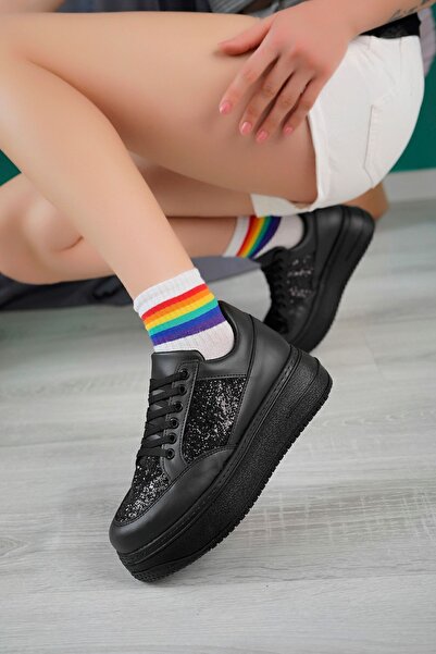 RİVOLİ Pantofi sport de damă cu talpă înaltă, negru cu sclipici - Yldz002