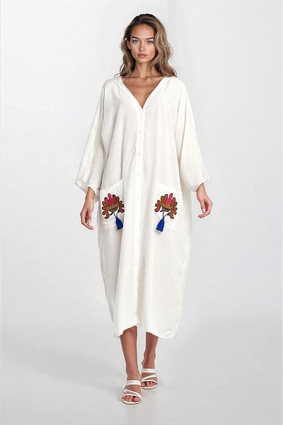 VAGGON Women's Ecru Double Pockets and Embroidery Button Asymmetrical Cut Out Plus Size Dress Vs00305