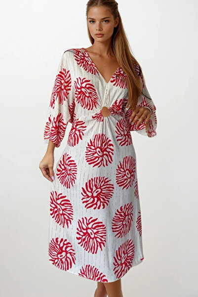 VAGGON Γυναικείο φόρεμα με κόκκινο μανίκι με λεπτομέρεια με βαθύ λαιμό V με μήκος μίντι Vs00166