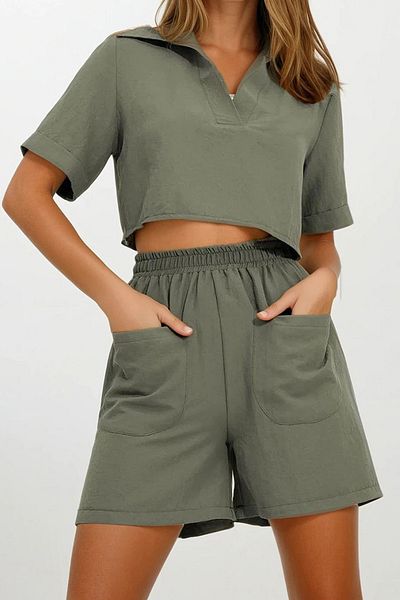 VAGGON Women's Khaki Polo Neck Crop Blouse and Shorts Woven Bottom Top Set Prmxx11739