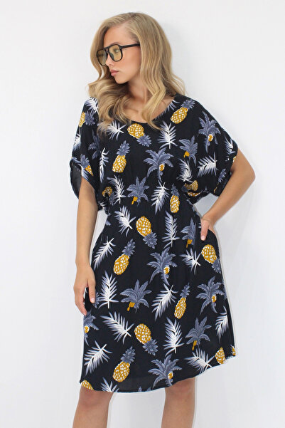 VAGGON Γυναικείο μαύρο φόρεμα με λαιμόκοψη V με διπλή τσέπη με σχέδιο μέσης με υφαντό βισκόζη Prmx14201