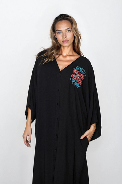 VAGGON Γυναικείο μαύρο κέντημα με κουμπιά μπροστά Φόρεμα βισκόζης σε μεγάλο μέγεθος Vs00312