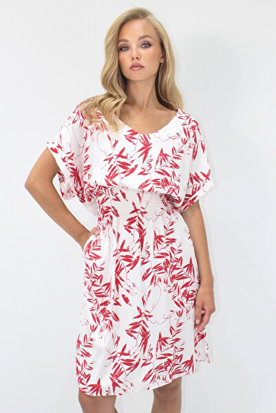 VAGGON Γυναικείο κόκκινο φόρεμα με λαιμόκοψη V με διπλή τσέπη με μοτίβο μέσης με υφαντό βισκόζη Prmx14201