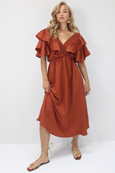 VAGGON Women's Tile Collar Gipeli and Volanli Waist Midiboy Woven Dress Vgn-X8559