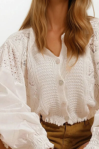 VAGGON Women's Vanilla Crew Neck Ajrulu Sleeves Scalloped Crop Knitwear Cardigan Vgn-X10077