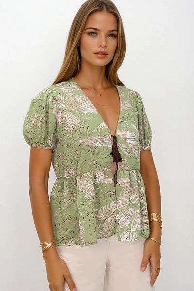 VAGGON Women's Green V-Neck Watermelon Sleeve Patterned Skirt Flounced Woven Blouse Vs00193