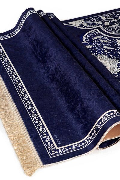 Bursa İpek Navy Blue Velvet Rug Prayer Rug