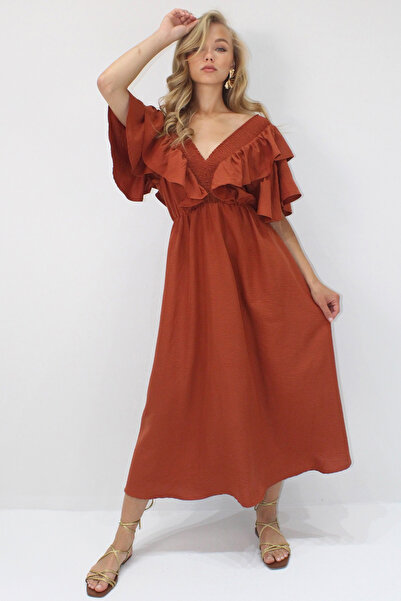 VAGGON Women's Tile Collar Gipeli and Volanli Waist Midiboy Woven Dress Vgn-X8559