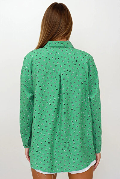 VAGGON Women's Green Patterned Oversize Linen Shirt Vs00218