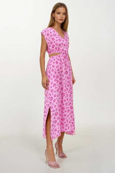 VAGGON Kadın Pembe V Yaka Cut Out İp Detaylı Desenli Maxi Boy Yırtmaçlı Elbise Vs00223