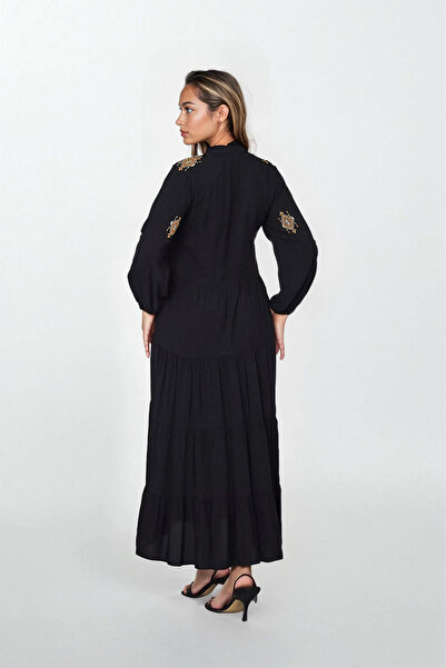 VAGGON Γυναικείο φόρεμα με μαύρο δέσιμο με λεπτομέρεια με λαβή ελαστικό μεγάλου μεγέθους βισκόζης Vs00318