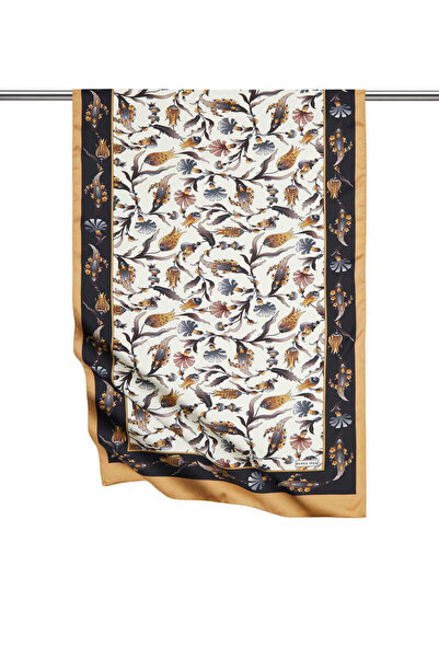 Bursa İpek Siyah Gold Karanfil Lale Desen Geniş İpeksi Fular