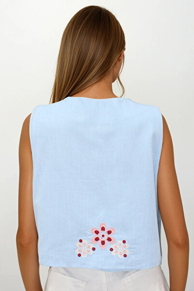 VAGGON Жіночий BEBE MAVİ Вишитий шнурок Детальний дизайн Сирий льняний жилет VS00241