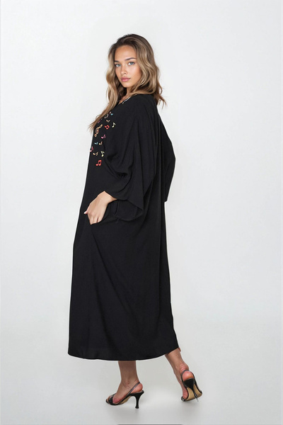 VAGGON Γυναικείο μαύρο φόρεμα με διπλή τσέπη με κουμπιά μπροστά μεγάλου μεγέθους βισκόζης Vs00314