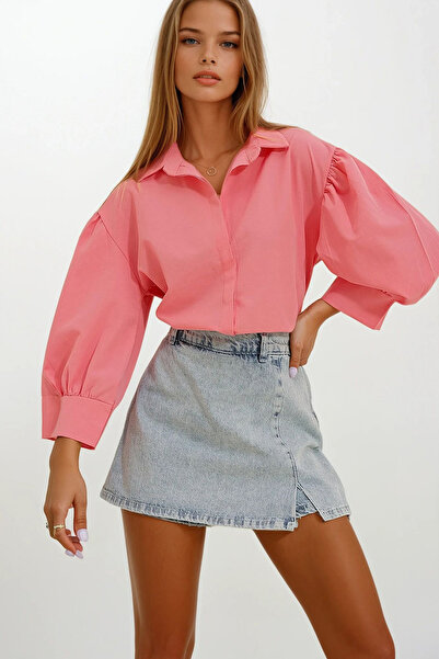 VAGGON Cămașă de bază din poplin pentru femei, roz, cu mâneci balon, cu plăcu...