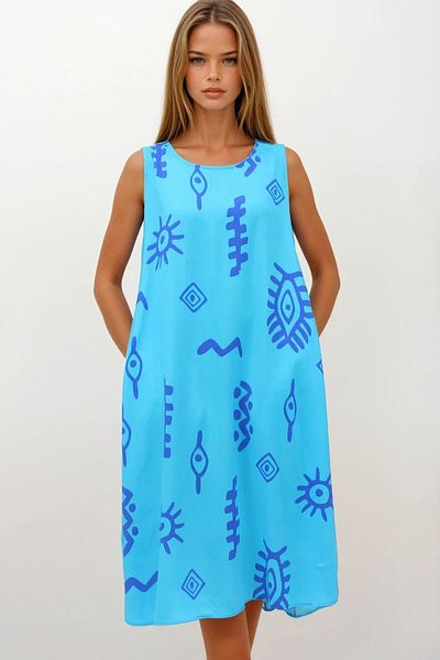 VAGGON Women's Blue Patterned Double Pocket Sleeveless Relaxed Cut Dress Vs00269