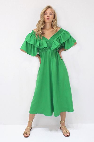 VAGGON Women's Green Collar Gipeli and Flounced Waist Midiboy Woven Dress Vgn-X8559