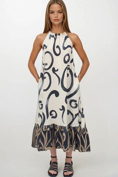 VAGGON Women's Beige Patterned Tie-Up Skirt Mesh Maxi Length Double Pocket Dress Dress Vs00266