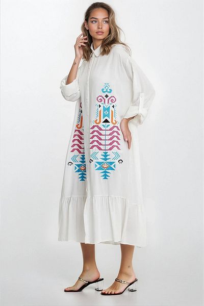 VAGGON Women's White Shirt Collar Button Embroidery Embroidered Skirt Ruffled Plus Size Dress Vs00331