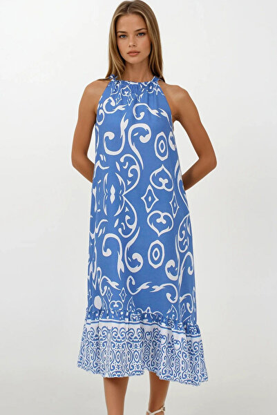 VAGGON Women's Blue Patterned Tie-Up Skirt Mesh Maxi Length Double Pocket Dress Dress Vs00266