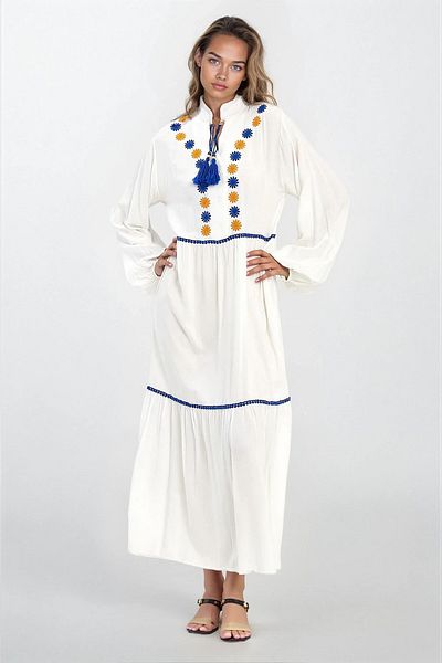 VAGGON Rochie de damă, ALBĂ, broderie, cu guler de judecător, cu șireturi, cu jumătate de plăcuță, mărime mare VS00344