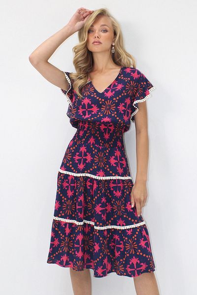 VAGGON Women's Dark Blue V-Neck Ethnic Patterned Fisto Detail Waist Giped Woven Dress Prmx14094