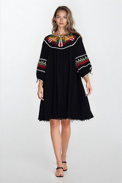 VAGGON Women's Black Boat Neck Ribbon Detail Plus Size Viscose Dress Vs00343