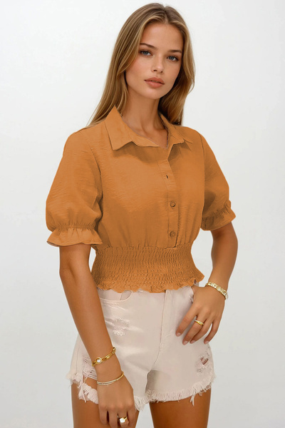 VAGGON Γυναικείο πουκάμισο με ελαστική μέση καραμέλα με κουμπιά που κλείνει με γιακά μπλούζα Vs00184