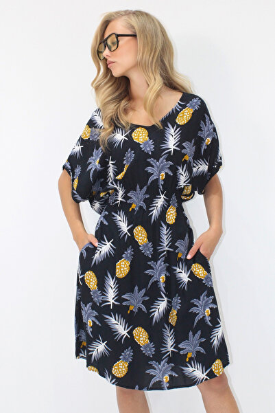 VAGGON Γυναικείο μαύρο φόρεμα με λαιμόκοψη V με διπλή τσέπη με σχέδιο μέσης με υφαντό βισκόζη Prmx14201