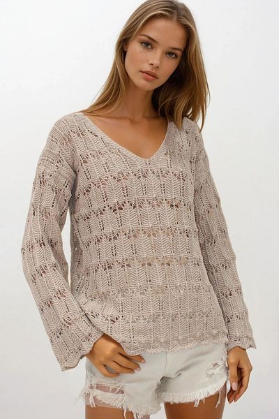 VAGGON Bluză ajurata cu decolteu în V BEIGE ÎNCHIS pentru femei VS00251