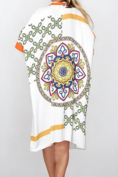 VAGGON Women's Orange White Judge Collar Asymmetric Cut Half Placket Plus Size Dress Vs00303