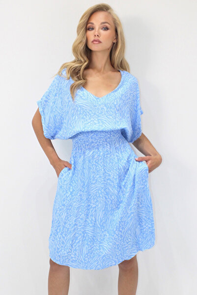 VAGGON Γυναικείο φόρεμα με μπλε V λαιμόκοψη με διπλή τσέπη με μοτίβο μέσης με υφαντό βισκόζη Prmx14201