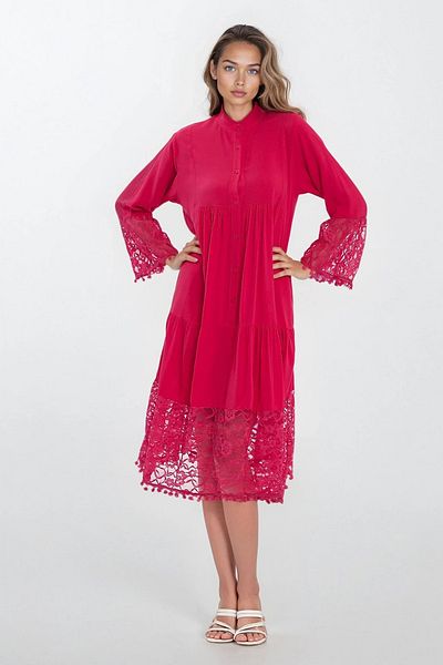 VAGGON Women's Fuchia Judge Collar Front Button Lace Viscose Dress Vs00337