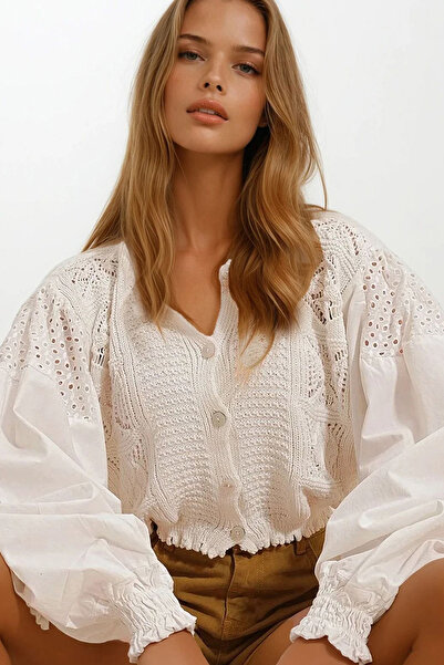 VAGGON Women's Vanilla Crew Neck Ajrulu Sleeves Scalloped Crop Knitwear Cardigan Vgn-X10077