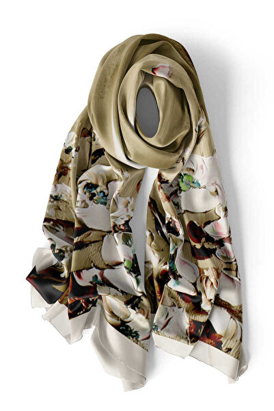 Bursa İpek Khaki Anemone Pattern Silk Scarf