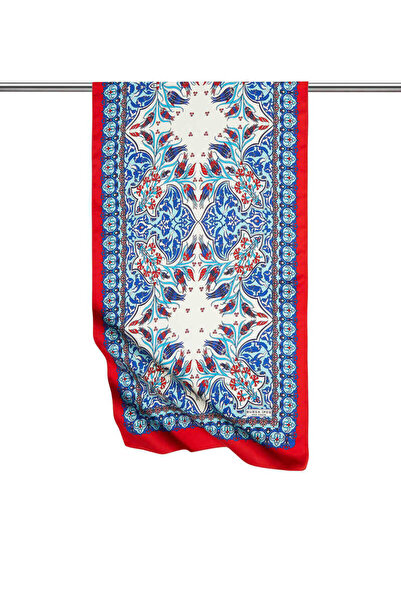 Bursa İpek Saks Kırmızı Çini Lale Desen Dar İpeksi Fular