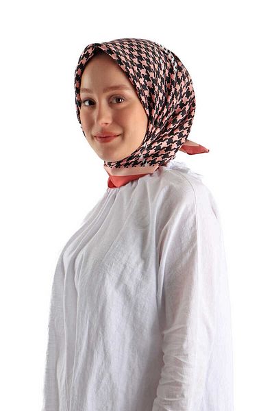Bursa İpek Twill Silk Scarf - Salmon Line Pattern Houndstooth