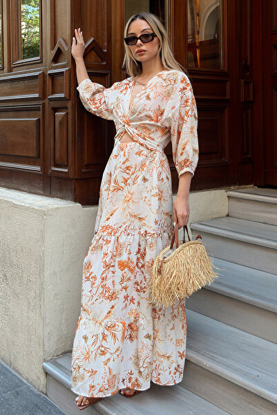 VAGGON Γυναικείο πορτοκαλί μάξι φόρεμα με βαθύ λαιμό Vs00142