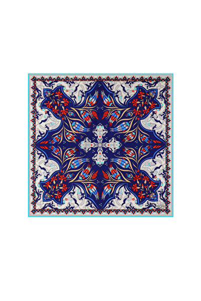 Bursa İpek Ecru Dark Blue Carnation - Tulip Patterned Silk Handkerchief