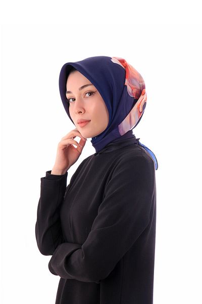 Bursa İpek Navy Blue Irises Pattern Twill Silk Scarf