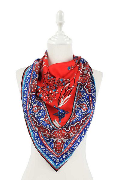 Bursa İpek Red Turkish Motif Candlestick Tulip Pattern Silky Scarf