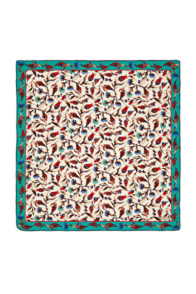 Bursa İpek Ekru Petrol Karanfil Lale Desen İpek Eşarp